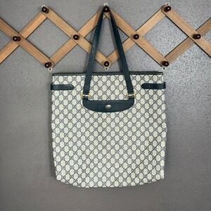 Vintage Gucci GG Supreme  Tote Bag leather Navy Gold